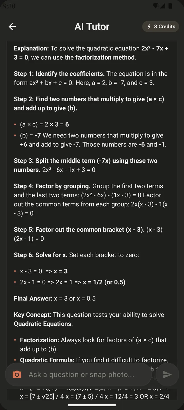 Step-by-step AI explanation of a quadratic equation in the DeeepSolve Android app