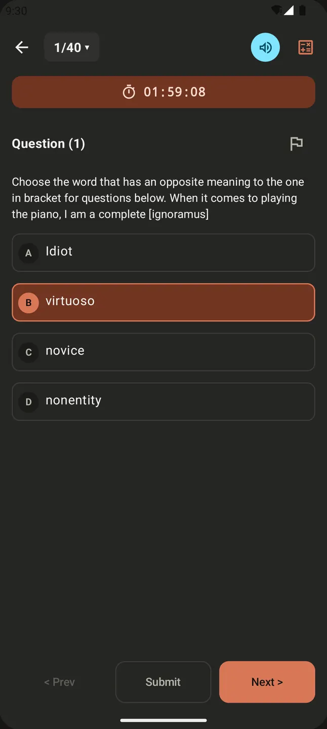 Timed JAMB-style CBT question with options A to D in the DeeepSolve Android app